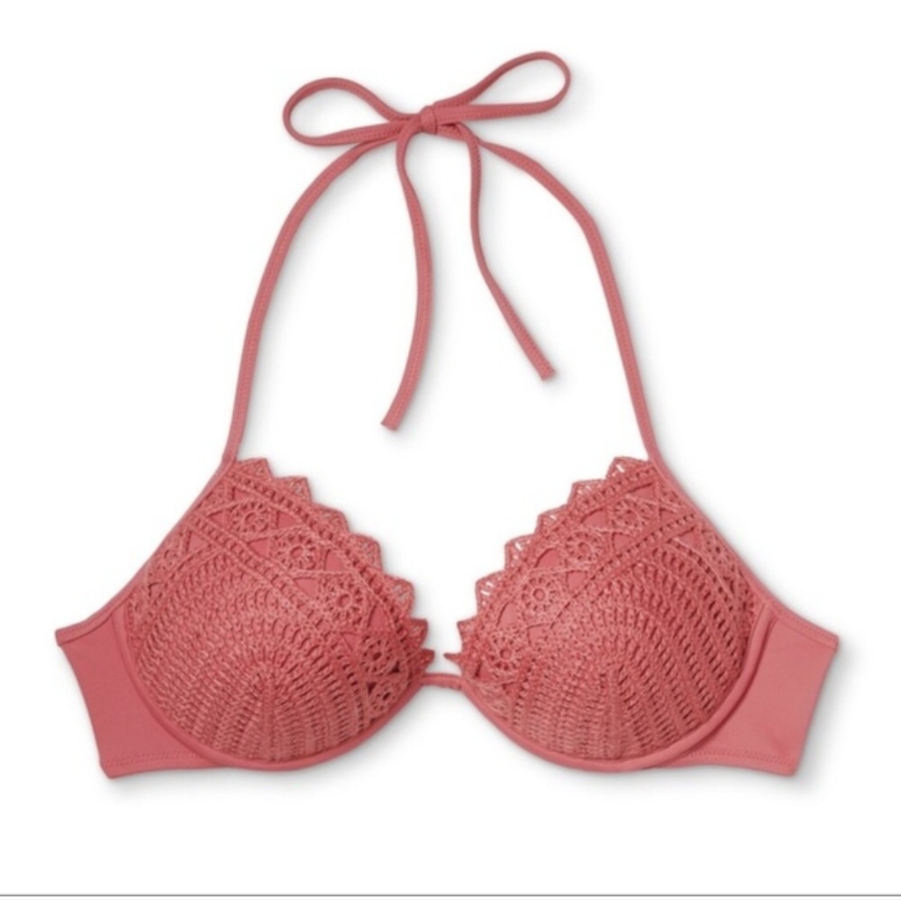 NWT TARGET CROCHET BIKINI TOP BOHO CROCHET LACE PINK PUSHUP BIKINI TOP 34DD